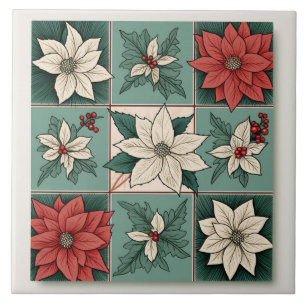 Christmas Poinsettia Red White Green Floral Ceramic Tile