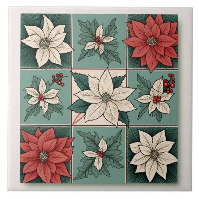 Christmas Poinsettia Red White Green Floral Ceramic Tile (Front)