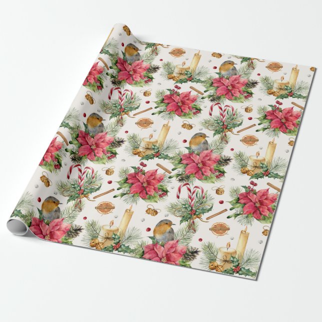 Christmas poinsettia, robin, candy canes, candles wrapping paper (Unrolled)
