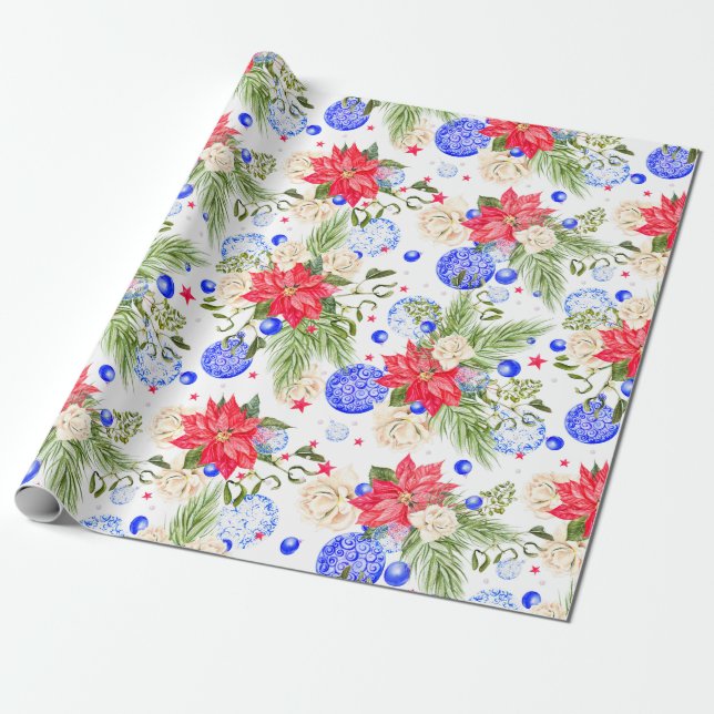 Christmas Poinsettia Rose & Blue Ornaments Wrapping Paper (Unrolled)