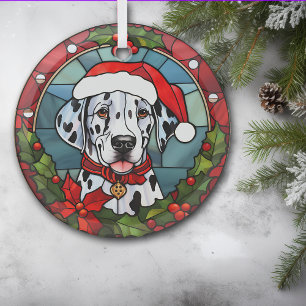 Christmas Poinsettia Santa Dalmatian Dog Glass Tree Decoration