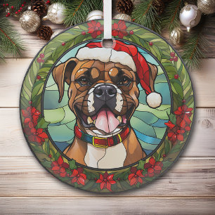 Christmas Poinsettia Santa Hat Boxer Dog Glass Tree Decoration