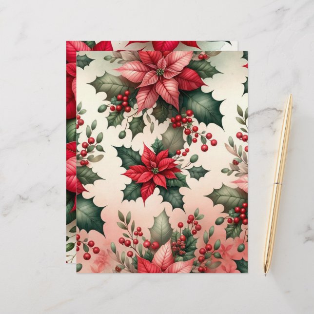 Christmas Poinsettia Scrapbook Paper (Front/Back In Situ)