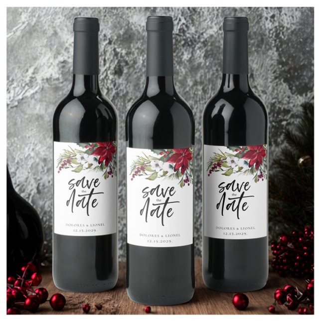 Christmas Poinsettia Script Save the date Wine Label (Creator Uploaded)