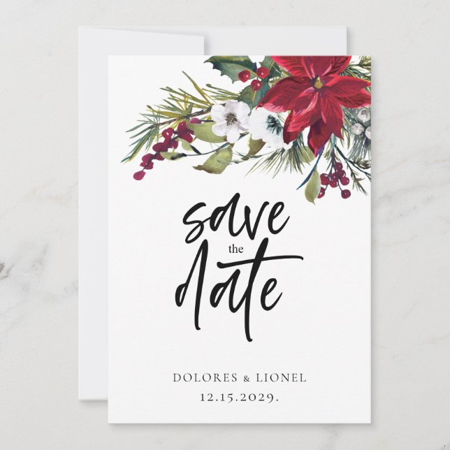 Christmas Poinsettia Script Wedding Save the date (Front)