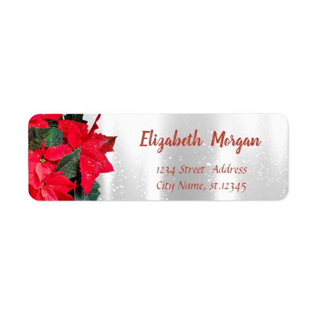 Christmas Poinsettia, Silver, Red Return Address Label (Front)