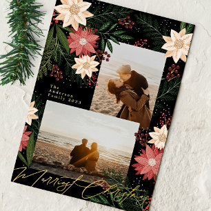 Christmas Poinsettia Splendour Photo Collage Foil Holiday Card