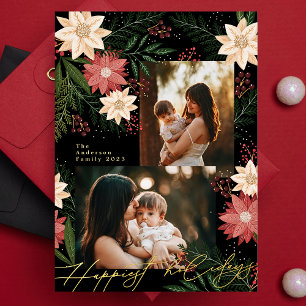 Christmas Poinsettia Splendour Photo Collage Foil Holiday Card