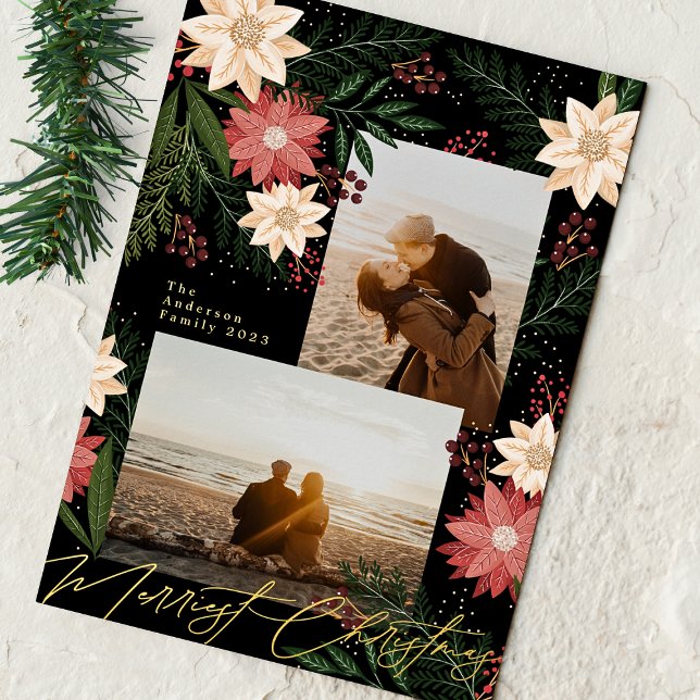 Christmas Poinsettia Splendour Photo Collage Foil Holiday Card (Creator Uploaded)