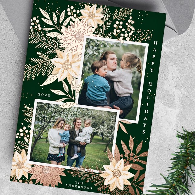 Christmas Poinsettia Splendour Photo Collage Foil Holiday Card (Creator Uploaded)
