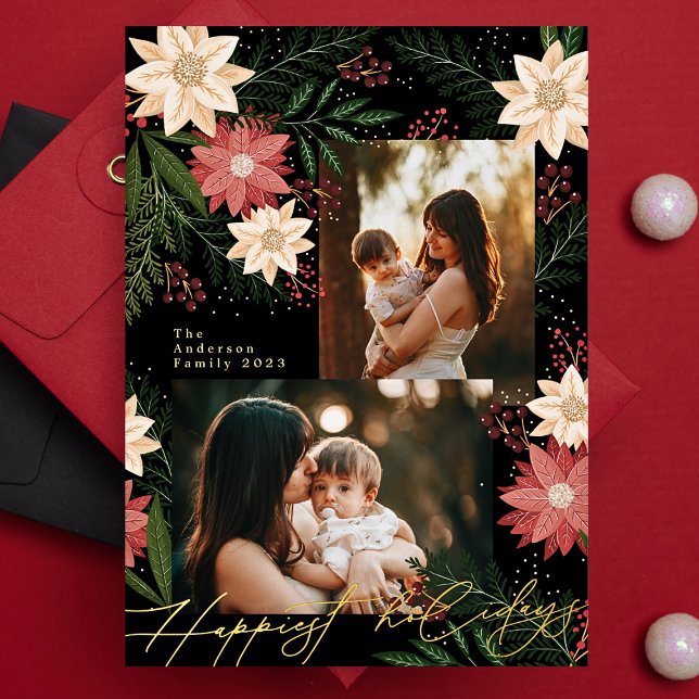 Christmas Poinsettia Splendour Photo Collage Foil Holiday Card (Creator Uploaded)