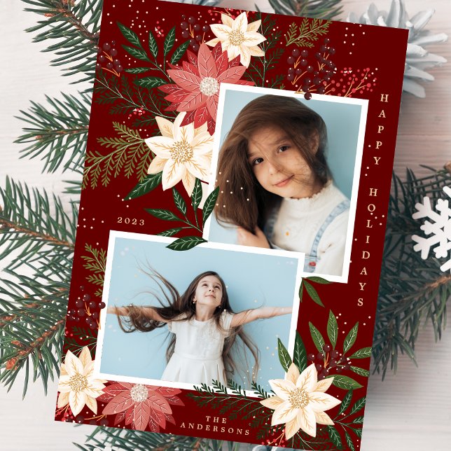 Christmas Poinsettia Splendour Photo Collage Holiday Card (Creator Uploaded)