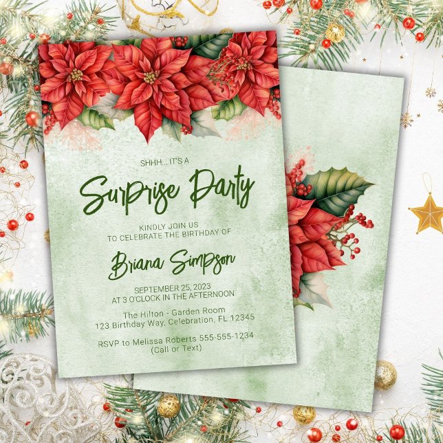 Christmas Poinsettia Surprise Birthday Party Invitation (Creator Uploaded)