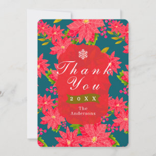 Christmas Poinsettia Teal Thank You Card