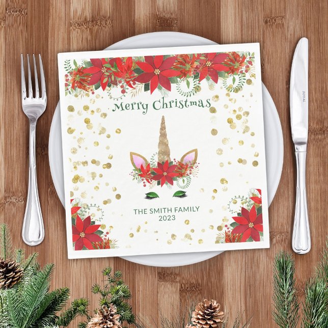 Christmas Poinsettia Unicorn with Green Font Party Napkin (Creator Uploaded)