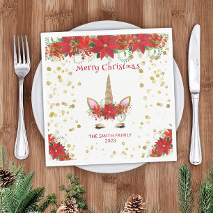 Christmas Poinsettia Unicorn with Red Font Party Napkin
