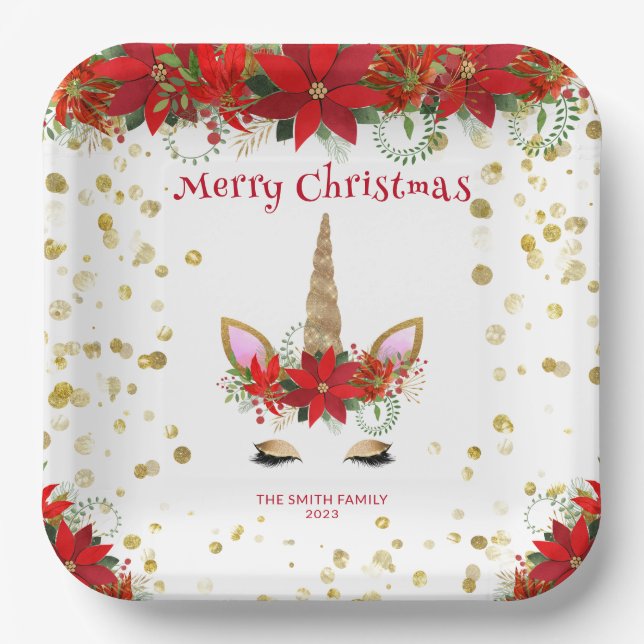 Christmas Poinsettia Unicorn with Red Font Party Paper Plate (Front)