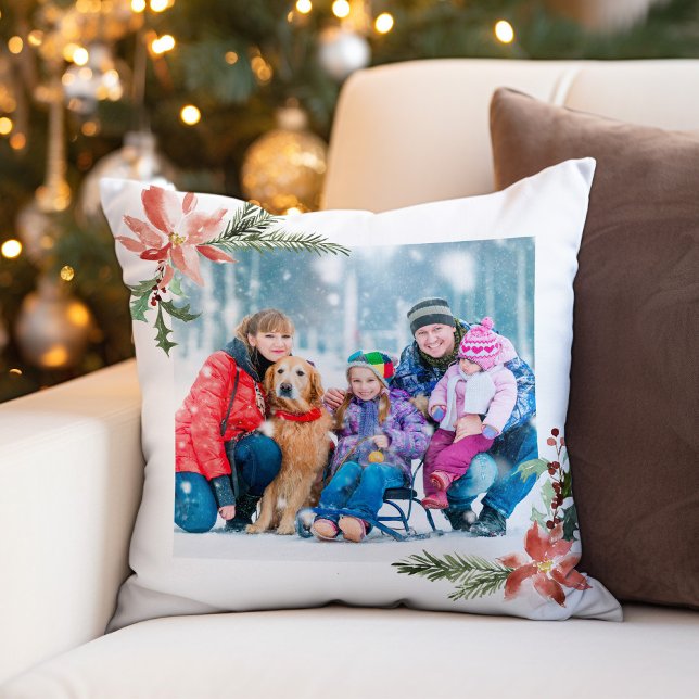 Christmas Poinsettia Watercolor Botanical Photo Cushion (Creator Uploaded)