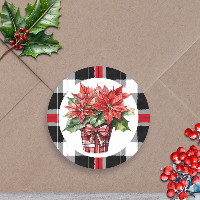 Christmas Poinsettia Watercolor Festive Holiday Classic Round Sticker (Creator Uploaded)