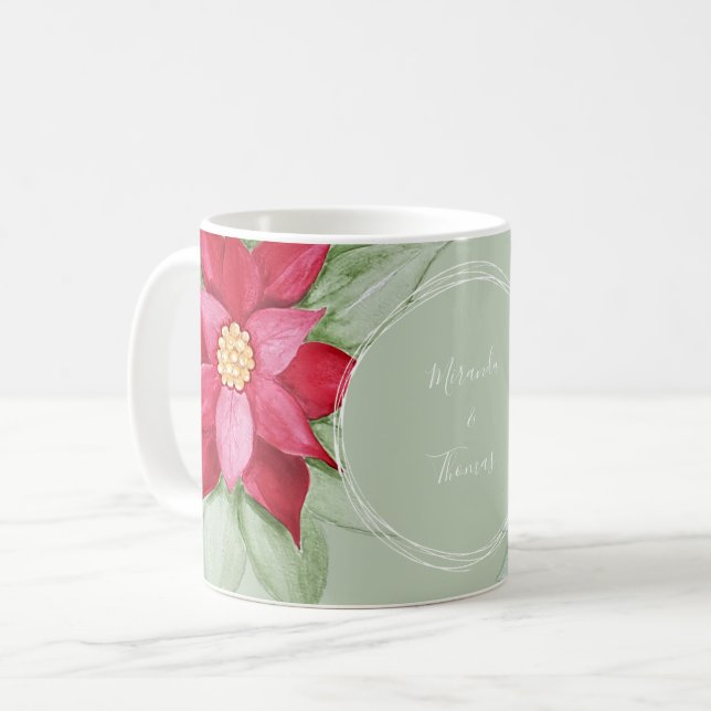 Christmas Poinsettia Watercolor Hand-painted Coffee Mug (Front Left)
