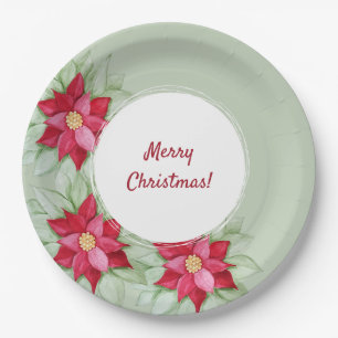 Christmas Poinsettia Watercolor Hand-painted Paper Plate