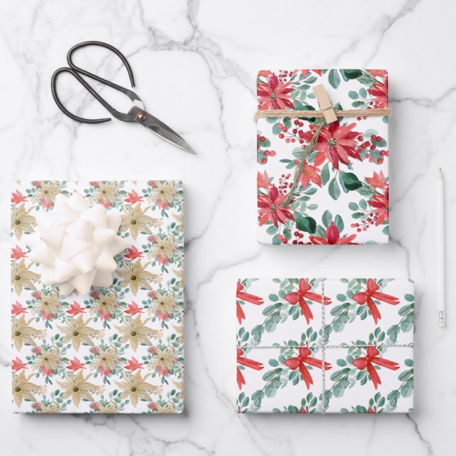 Christmas Poinsettia Watercolors Wrapping Paper Sheet (Front)