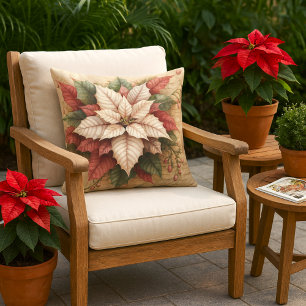 Christmas Poinsettia White and Red Porch or Patio  Cushion