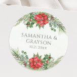 Christmas Poinsettia Winter Botanical Greenery Classic Round Sticker<br><div class="desc">Beautiful envelope seal featuring hand-painted botanical watercolor illustrations of poinsettia flowers,  winter greenery,  pine and spruce branches and holly berries. Perfect choice for Christmas weddings.</div>