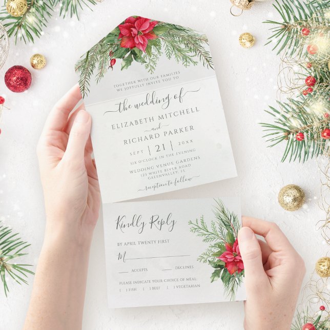Christmas Poinsettia Winter Greenery Botanical All In One Invitation (Creator Uploaded)