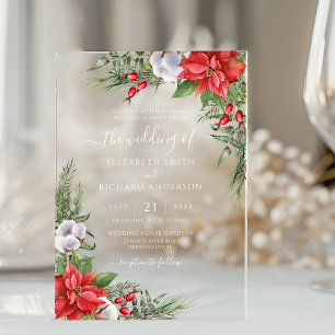 Christmas Poinsettia Winter Greenery Wedding Acrylic Invitations
