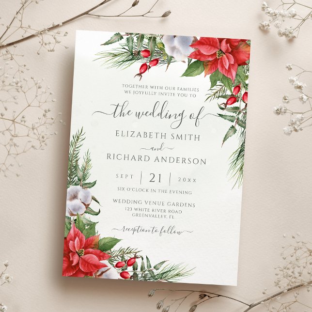 Christmas Poinsettia Winter Greenery Wedding Invitation (Creator Uploaded)