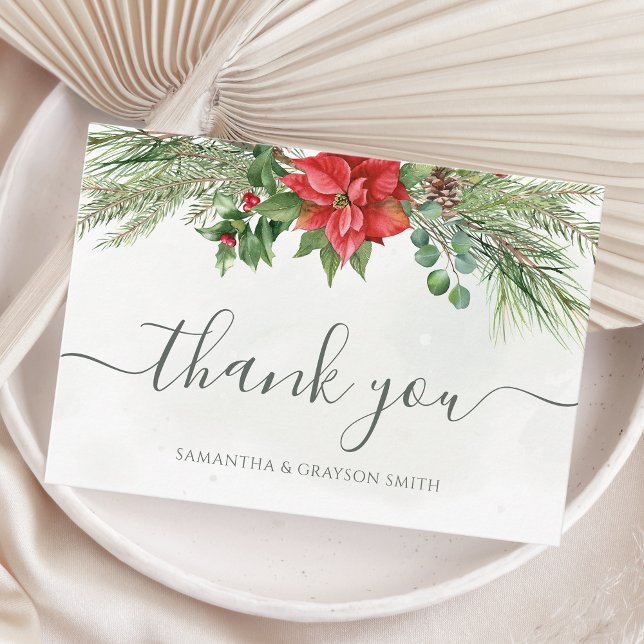 Christmas Poinsettia Winter Greenery Wedding Thank You Card (Creator Uploaded)