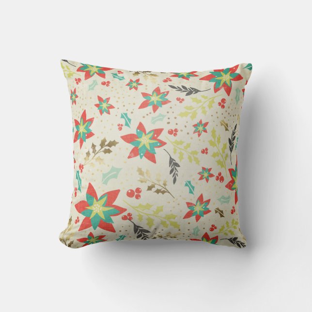 Christmas Poinsettia with Leaves & Berries Cushion (Front)