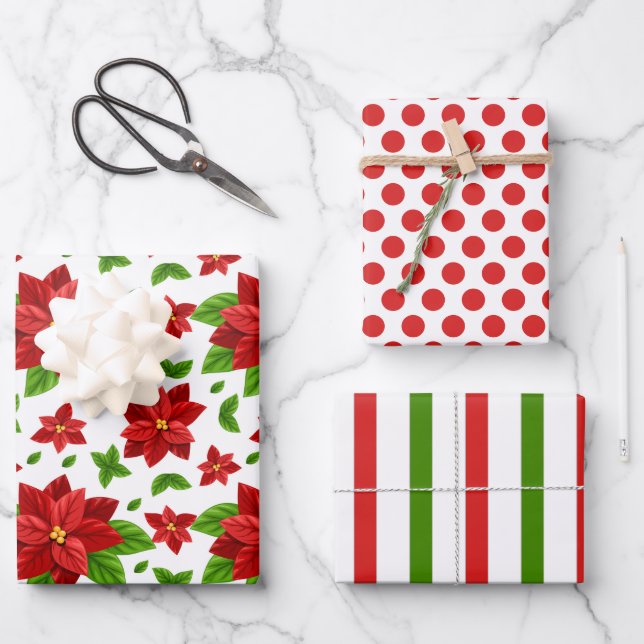 Christmas Poinsettia Wrapping Paper Set (Front)