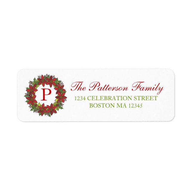 Christmas Poinsettia Wreath Monogram Address Label Return Address Label (Front)