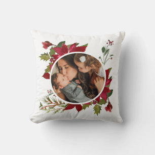 Christmas Poinsettia Wreath Photo Cushion