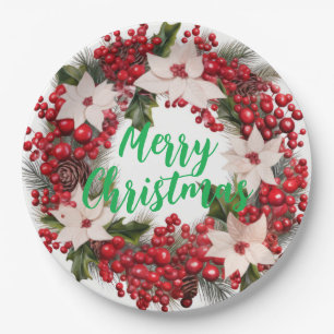 Christmas Poinsettias and Holly Paper Plate