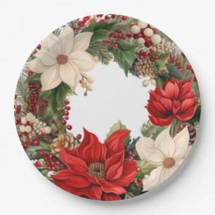 Christmas Poinsettias and Holly Paper Plate