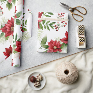 Christmas Poinsettias and Holly Wrapping Paper