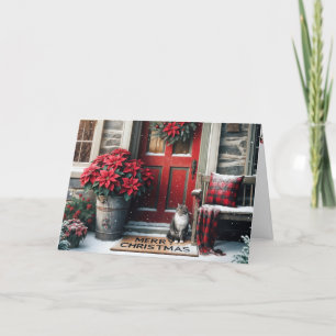 Christmas Poinsettias and Tabby Cat On Doormat Holiday Card