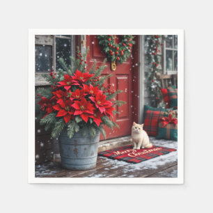 Christmas Poinsettias and White Cat On Doormat Napkin