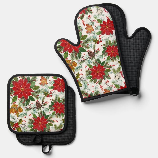 Christmas Poinsettias Bells Acorns Pine Cones Oven Mitt & Pot Holder Set (Front/Back)