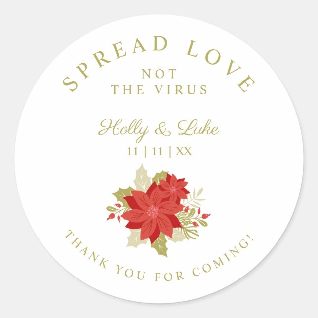 Christmas Poinsettias Branches Wedding Classic Round Sticker (Front)