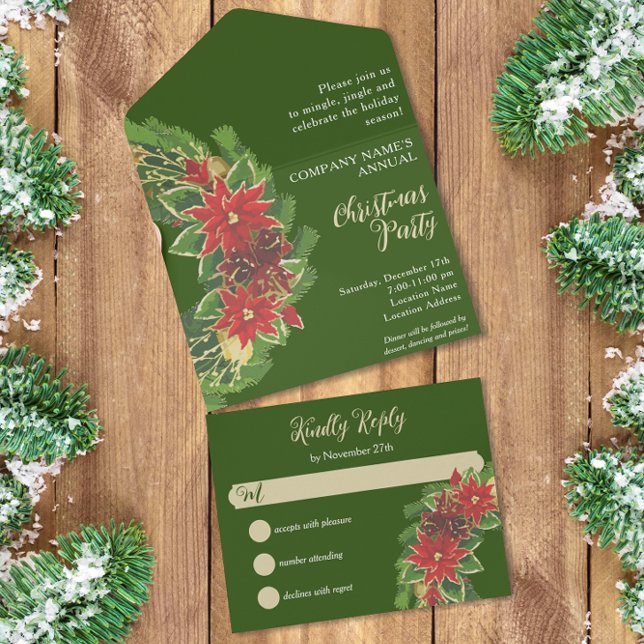 Christmas Poinsettias Company Party Green All In One Invitation (Creator Uploaded)
