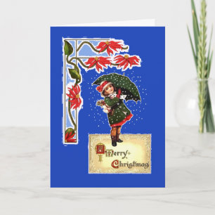 Christmas, Poinsettias, Girl with umbrella, Snow Holiday Card