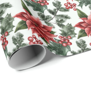 Christmas Poinsettias Holly Berries and Leaves Wrapping Paper