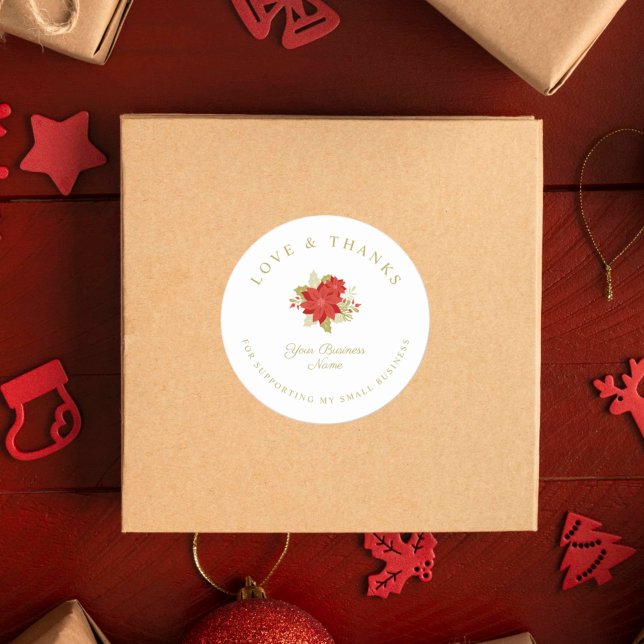 Christmas Poinsettias Love & Thanks Supporting Classic Round Sticker (Creator Uploaded)