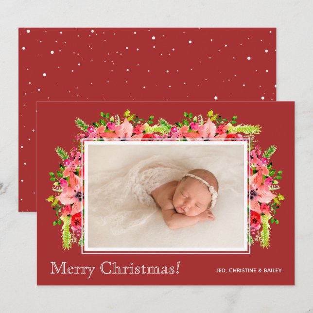 Christmas Poinsettias Photo Birth Announcements (Front/Back)