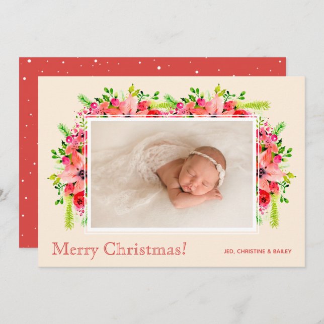 Christmas Poinsettias Photo Birth Announcements (Front/Back)