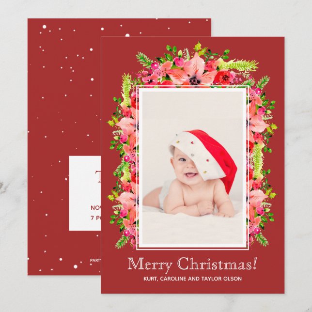 Christmas Poinsettias Photo Birth Announcements (Front/Back)